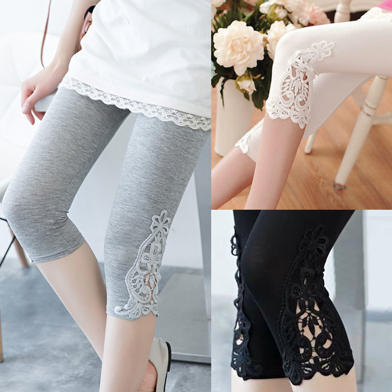Women’s Lace Trim Stretch Leggings Solid Knit Bottoming Pants