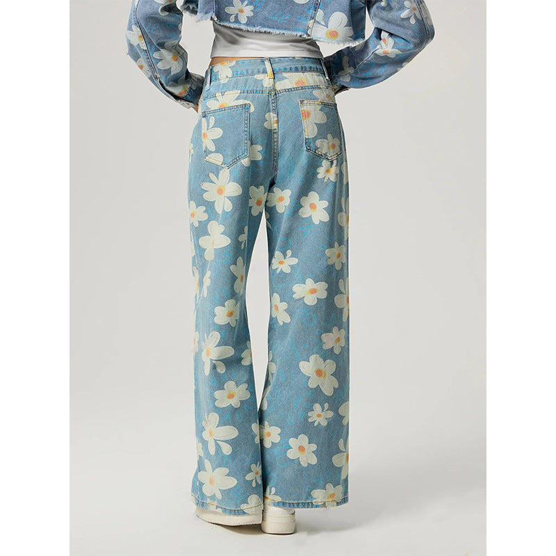 Women's Vintage Floral Print Straight-Leg Jeans Blue Denim - Image 3