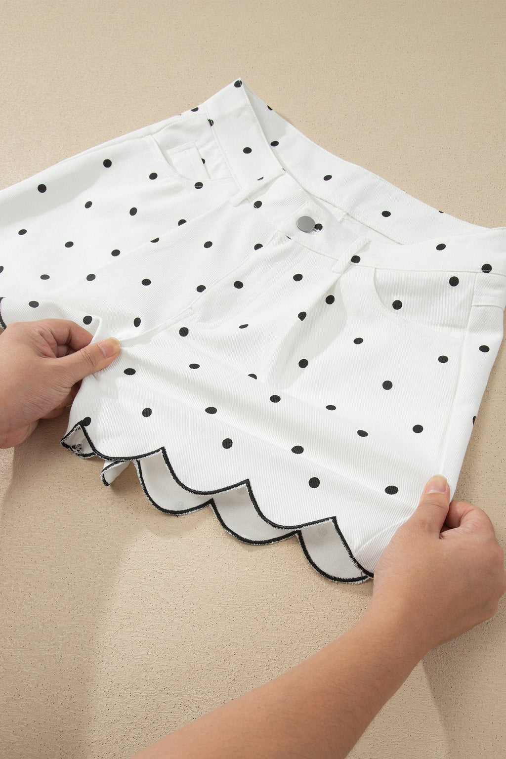 Elise Embroidered Polka Dot Scallop Hem Denim Shorts