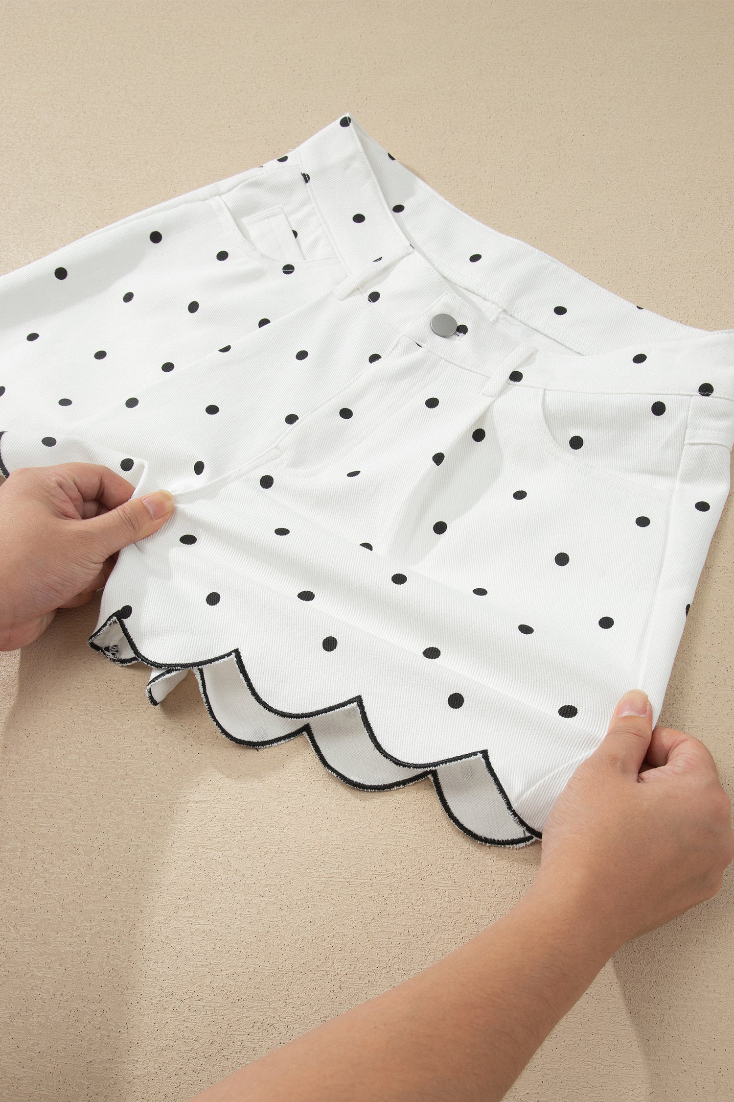Elise Embroidered Polka Dot Scallop Hem Denim Shorts
