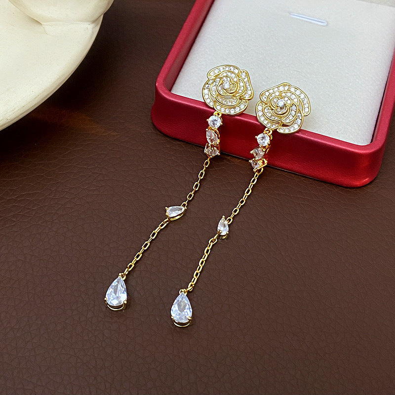 Womens Floral Rhinestone Inlaid Long Tassel Drop Earrings,Costume Earrings For Daily Banquet Party Wear