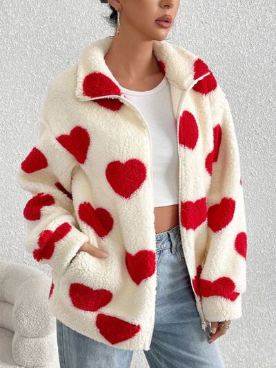 Women's Heart Zip Up Faux Fur Jacket Y2K Streetwear Fluffy Coat