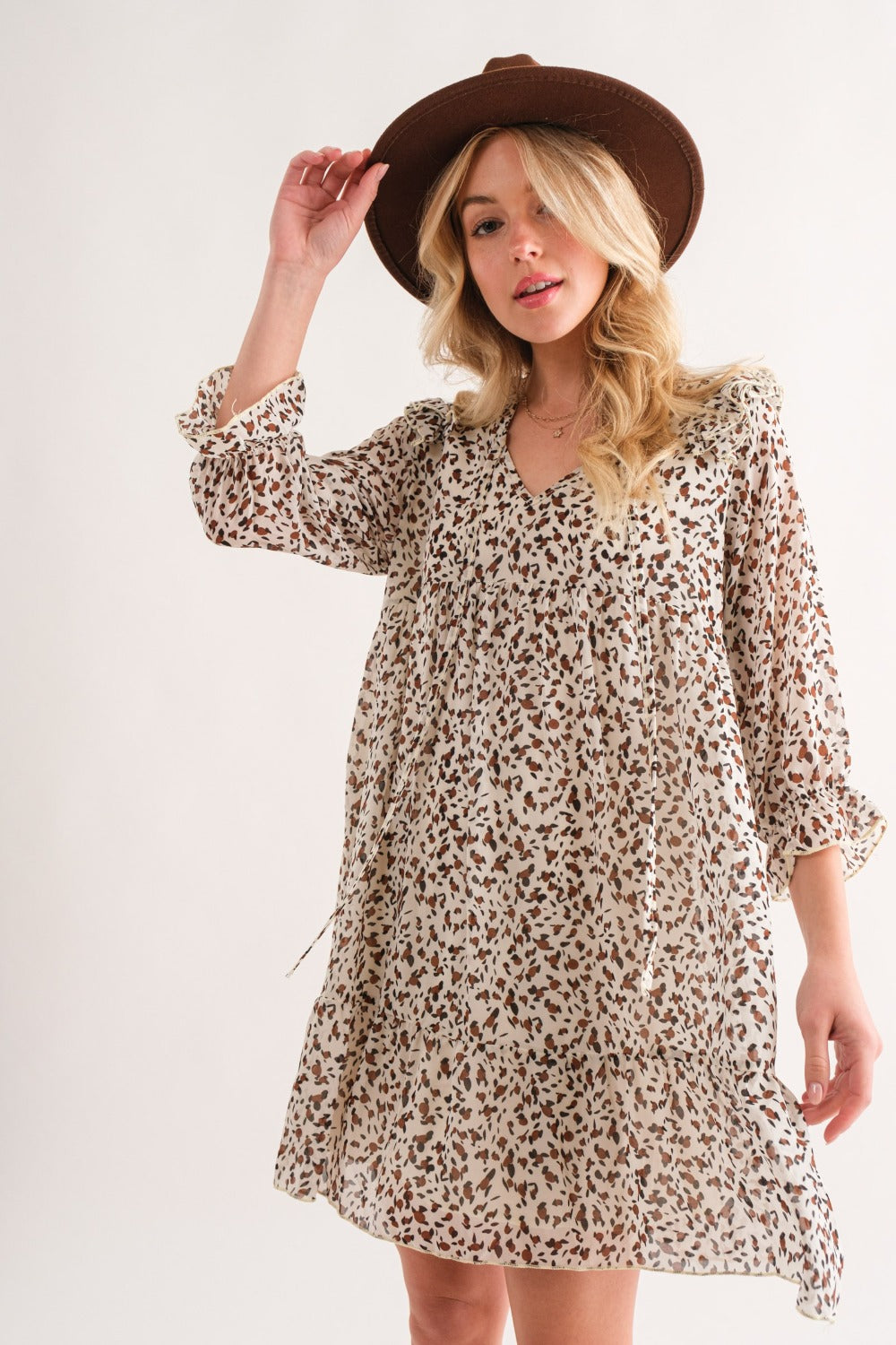 Leopard Ruffle Hem Woven Mini Dress in White and Brown