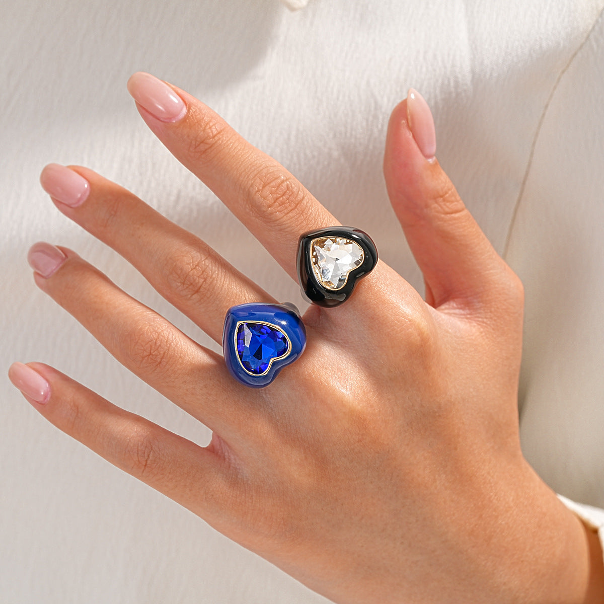 Women Heart Open Adjustable Ring,European American Enamel Inlaid Rhinestone Ring,Simple Elegant Niche Fashion Index Finger Hand Jewelry