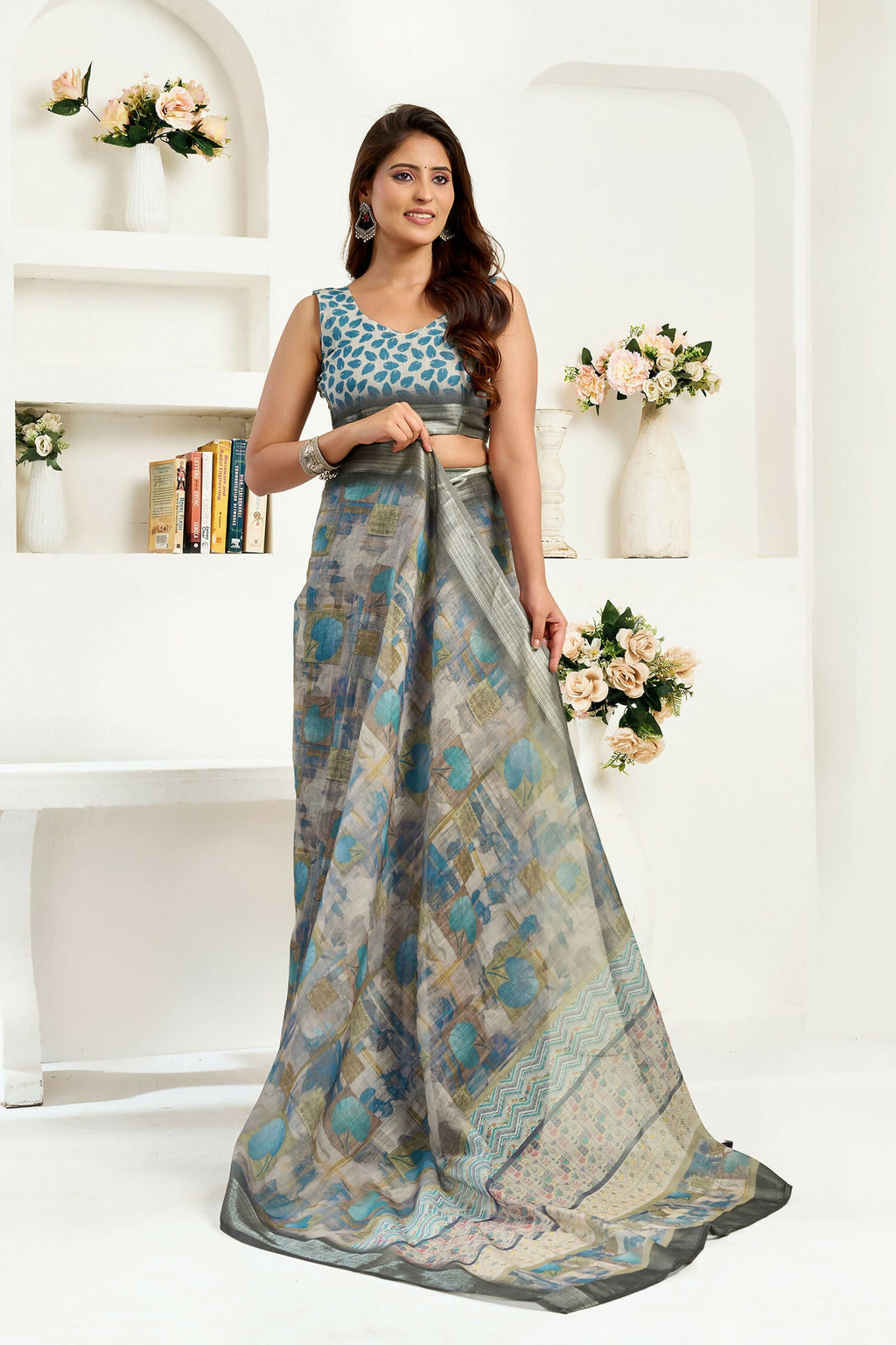 Dusty Brown Floral Ethnic Motif Linen Ready to Wear Saree