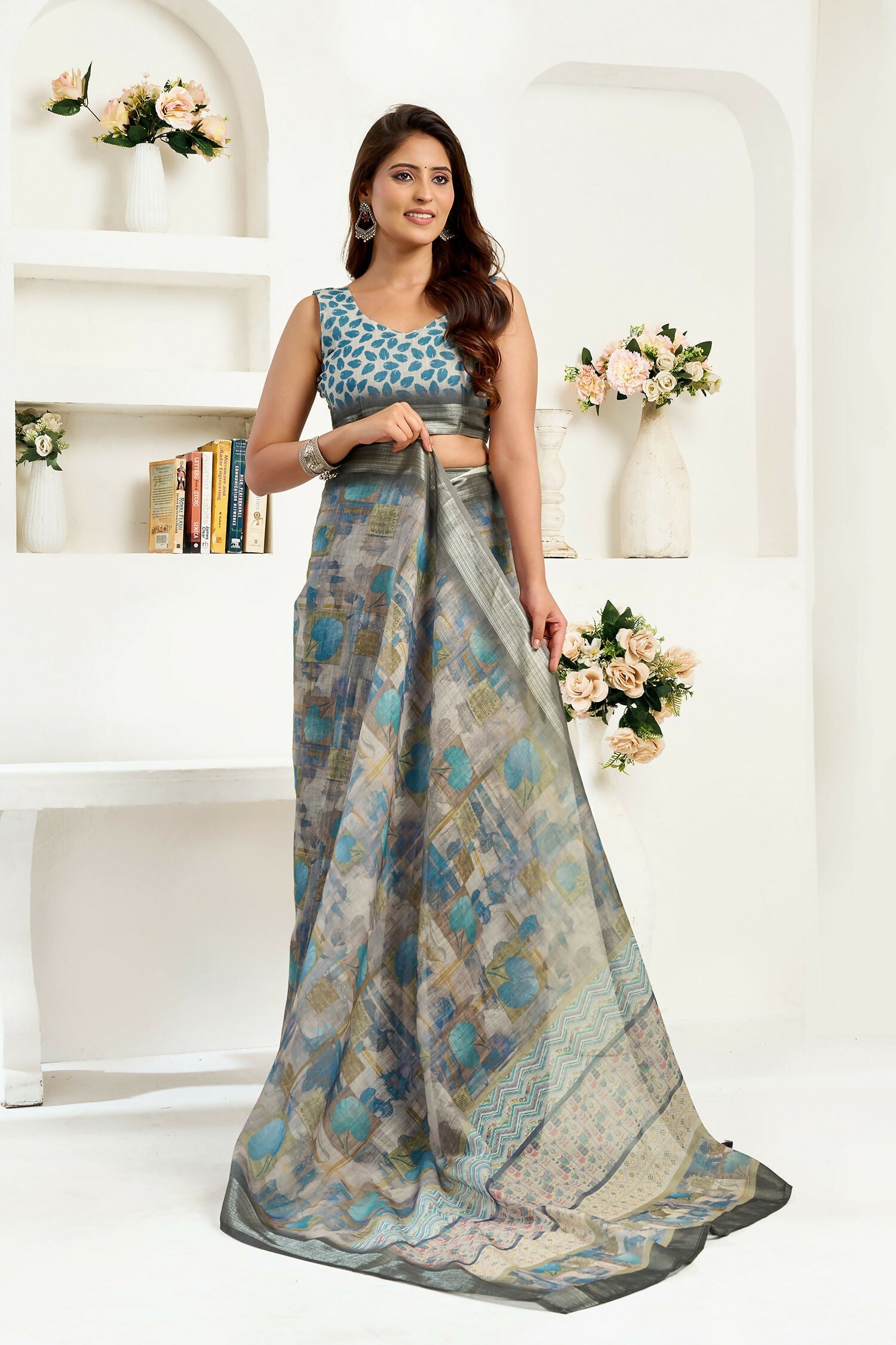 Dusty Brown Floral Ethnic Motif Linen Ready to Wear Saree