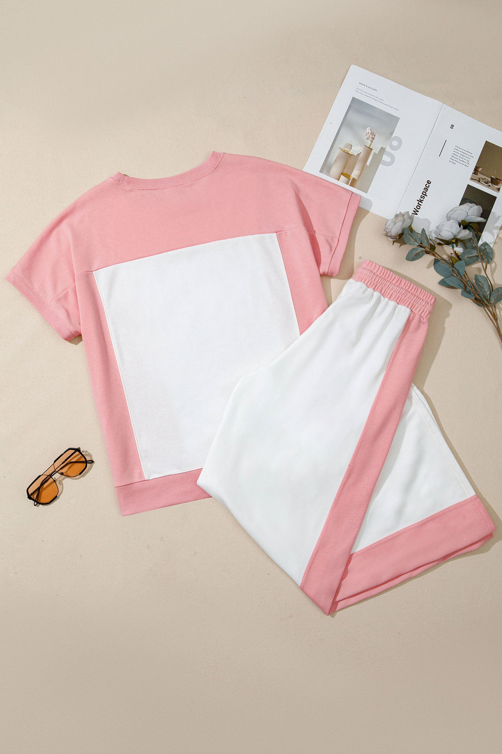 Colorblock Patchwork Knit Lounge Set in Pink and Cream