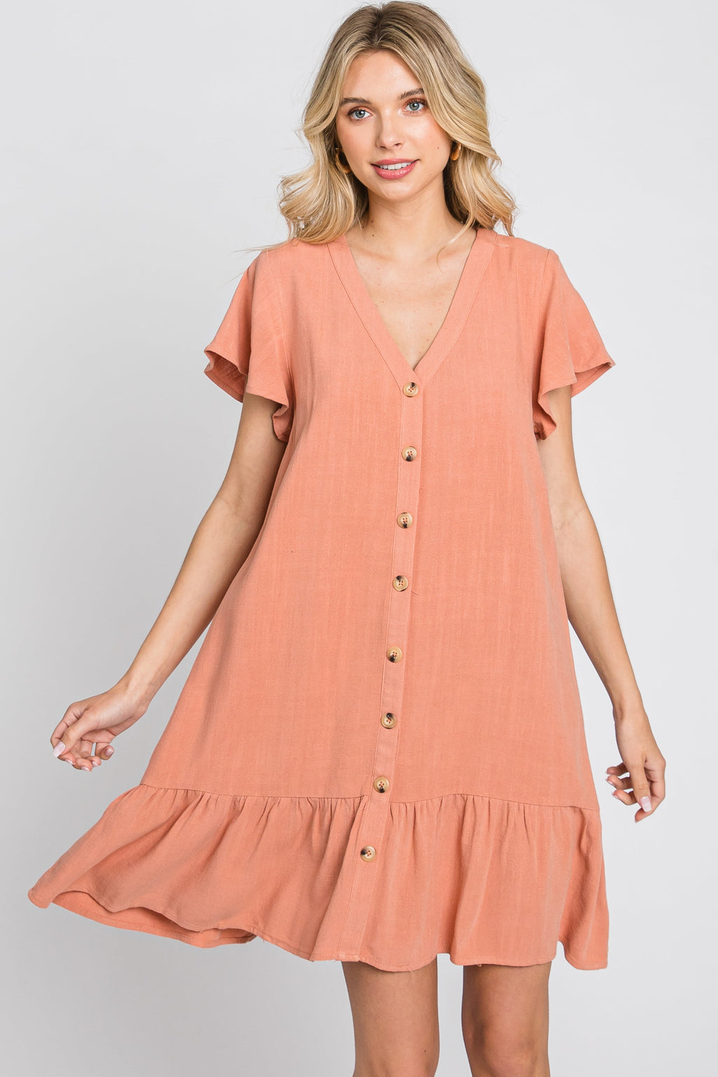 Salmon Button Accent Ruffle Hem Dress