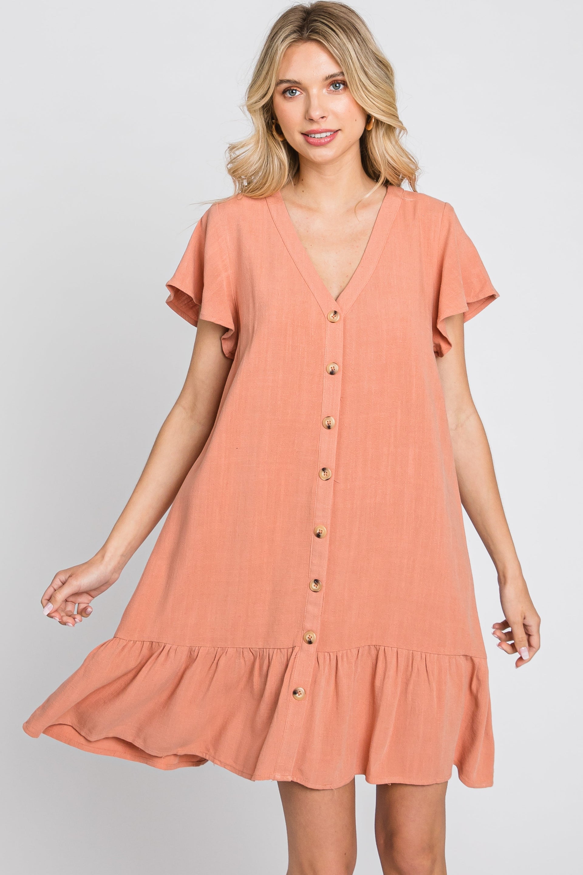 Salmon Button Accent Ruffle Hem Dress