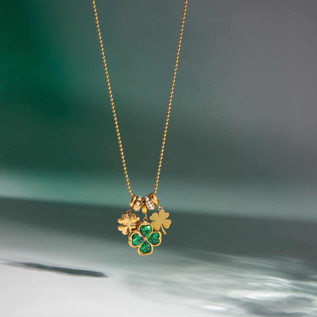 Green Clover Stainless Steel Pendant Necklace with Zircon