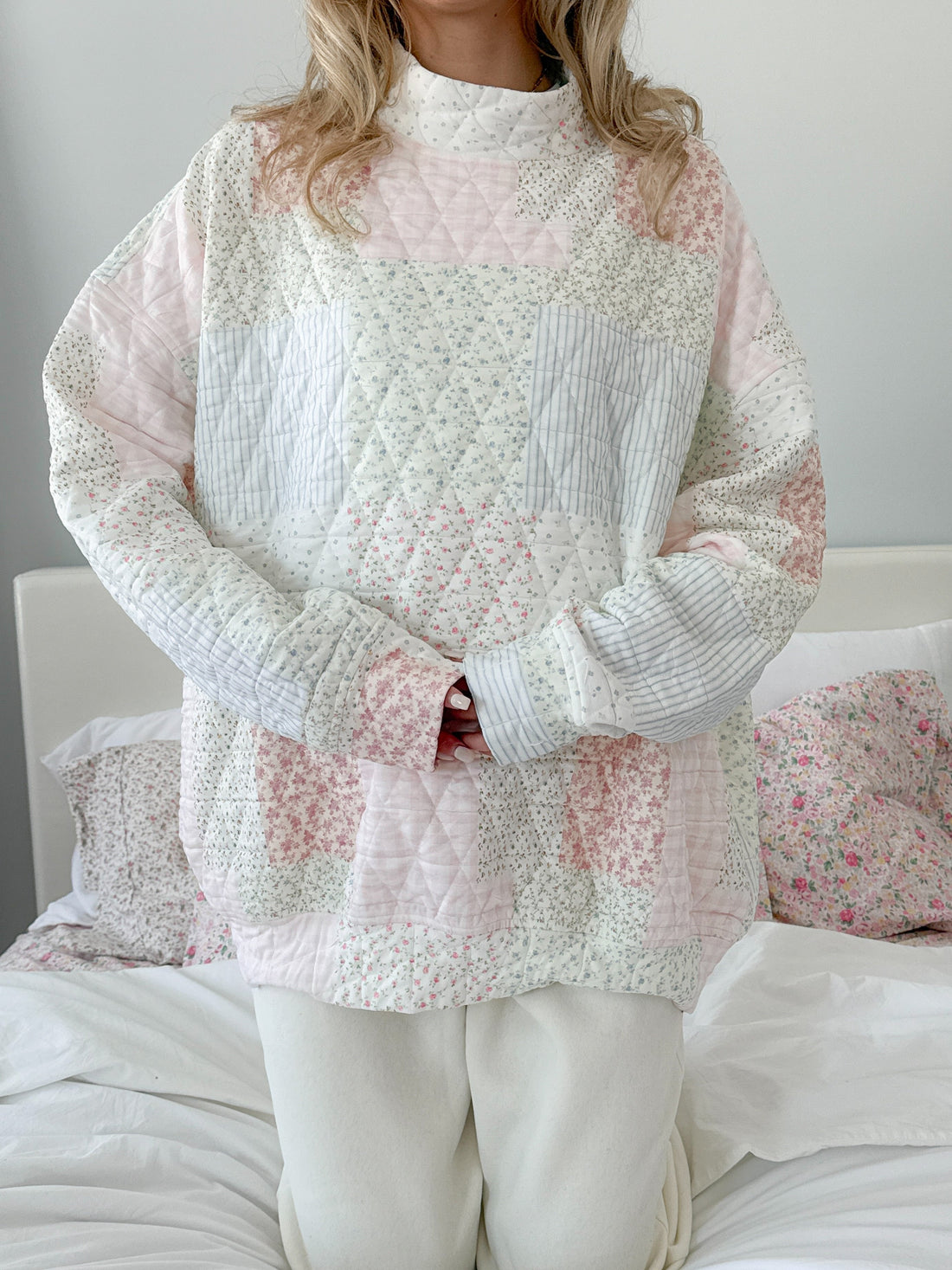 Quilted Pastel Mockneck Sweatshirt: Oversized Floral Patchwork Top