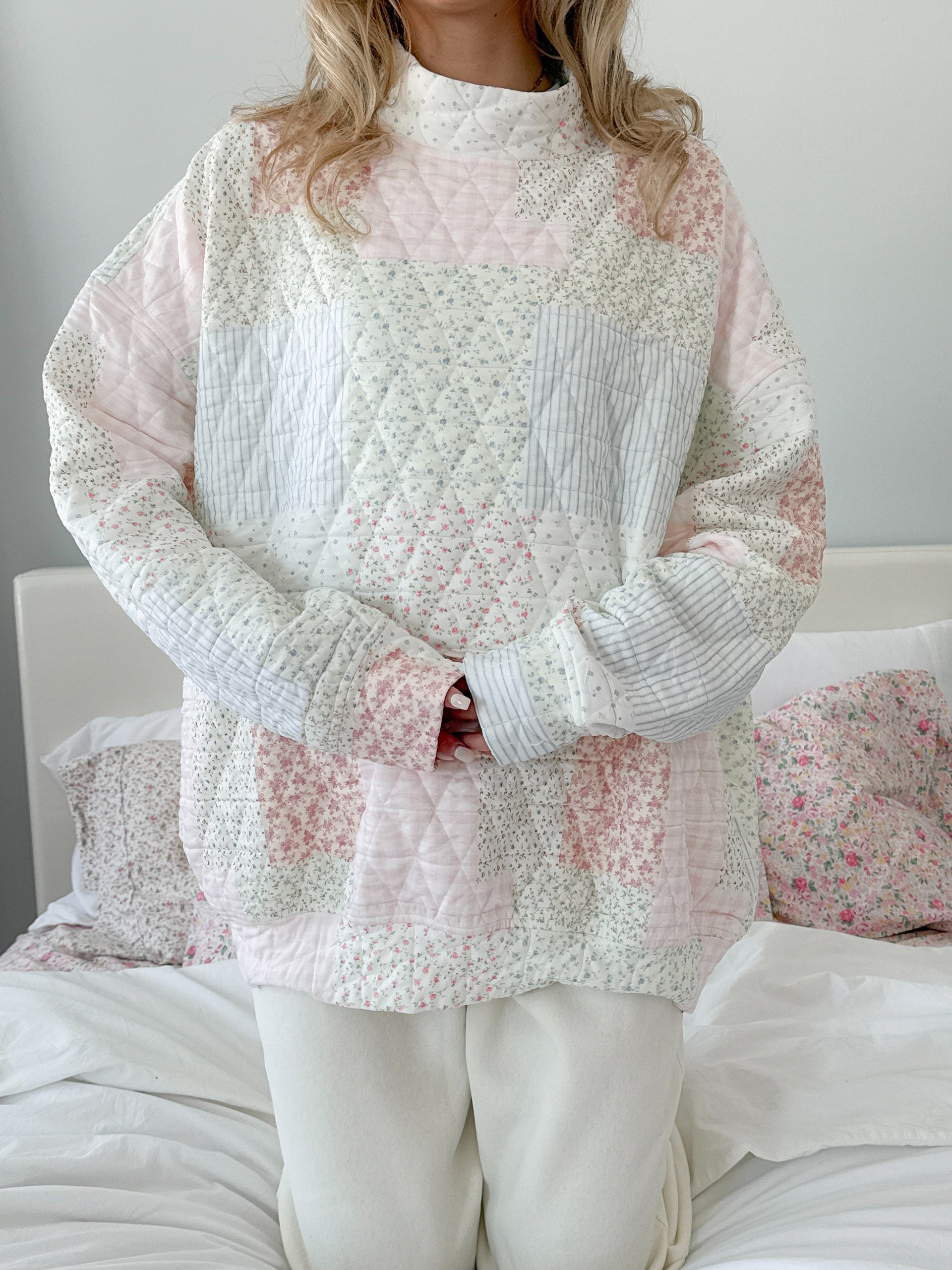 Quilted Pastel Mockneck Sweatshirt: Oversized Floral Patchwork Top