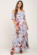 Light Blue Floral Off Shoulder Maternity Maxi Dress