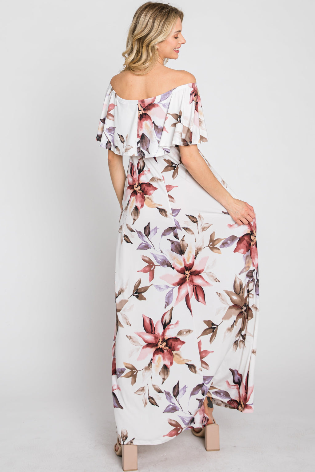 Ivory Floral Off Shoulder Maxi Dress with Ruffle Neckline