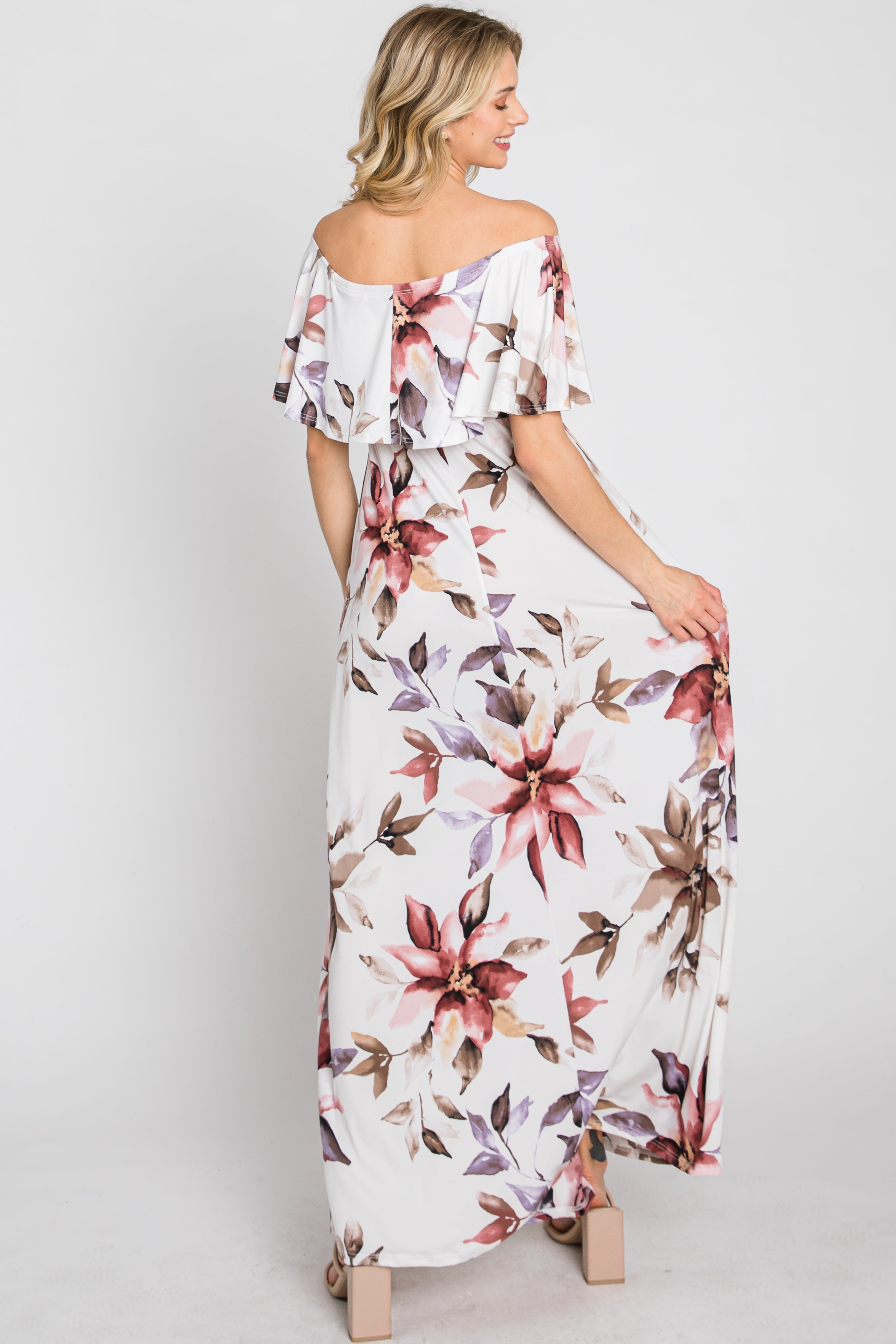 Ivory Floral Off Shoulder Maxi Dress with Ruffle Neckline