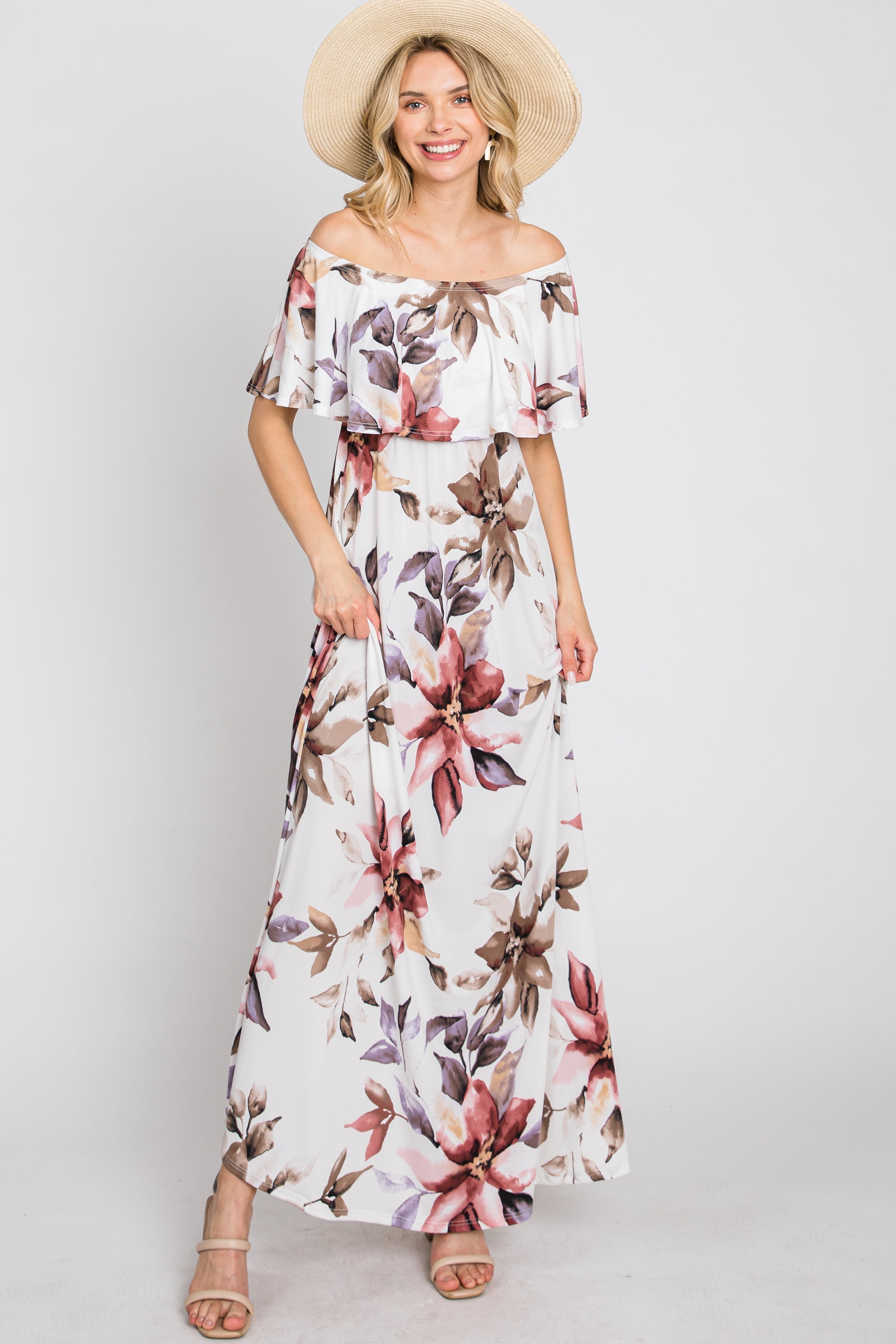 Ivory Floral Off Shoulder Maxi Dress with Ruffle Neckline