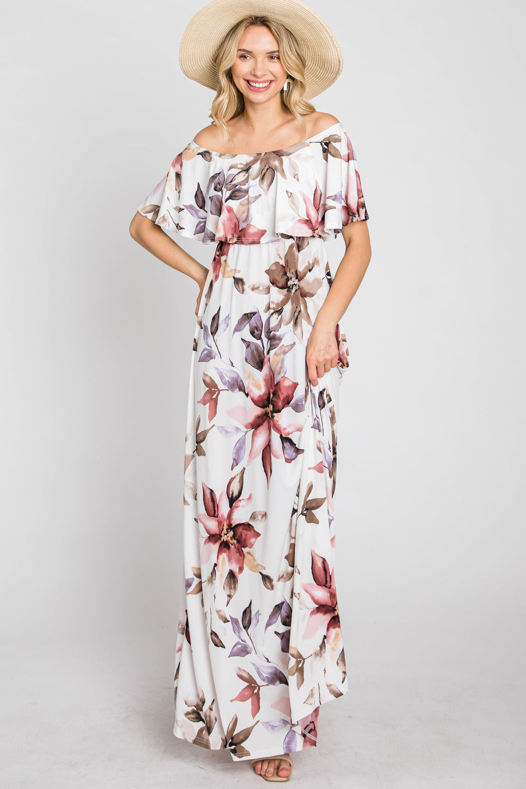 Ivory Floral Off Shoulder Maxi Dress with Ruffle Neckline