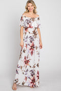 Ivory floral maxi dress with ruffle off shoulder neckline
