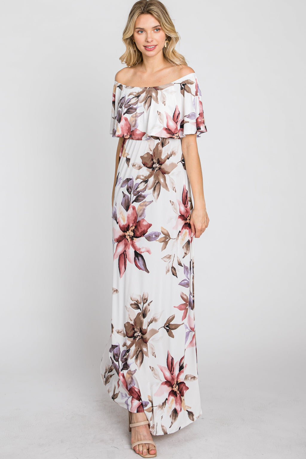 Ivory Floral Off Shoulder Maxi Dress with Ruffle Neckline