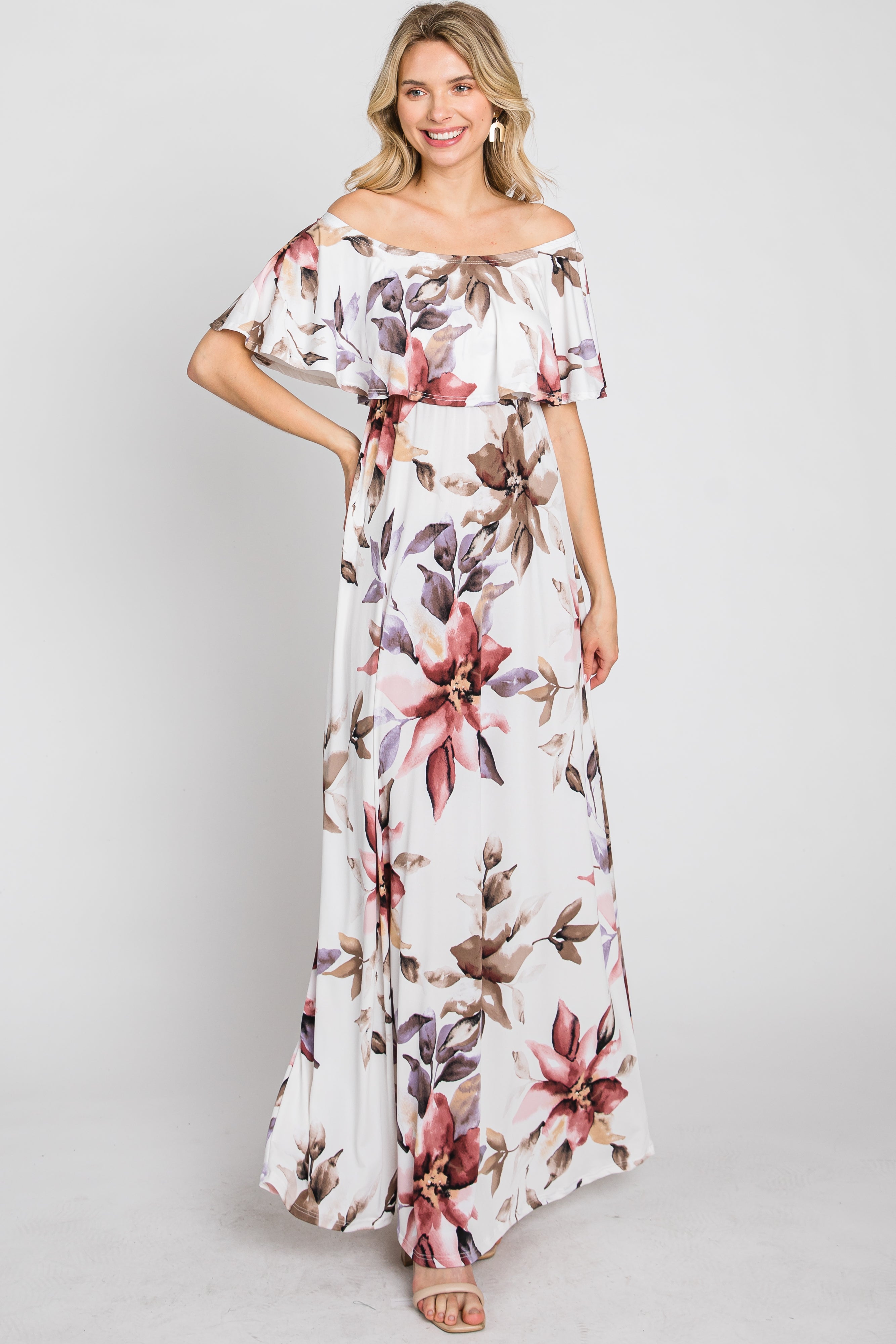 Ivory Floral Off Shoulder Maxi Dress with Ruffle Neckline