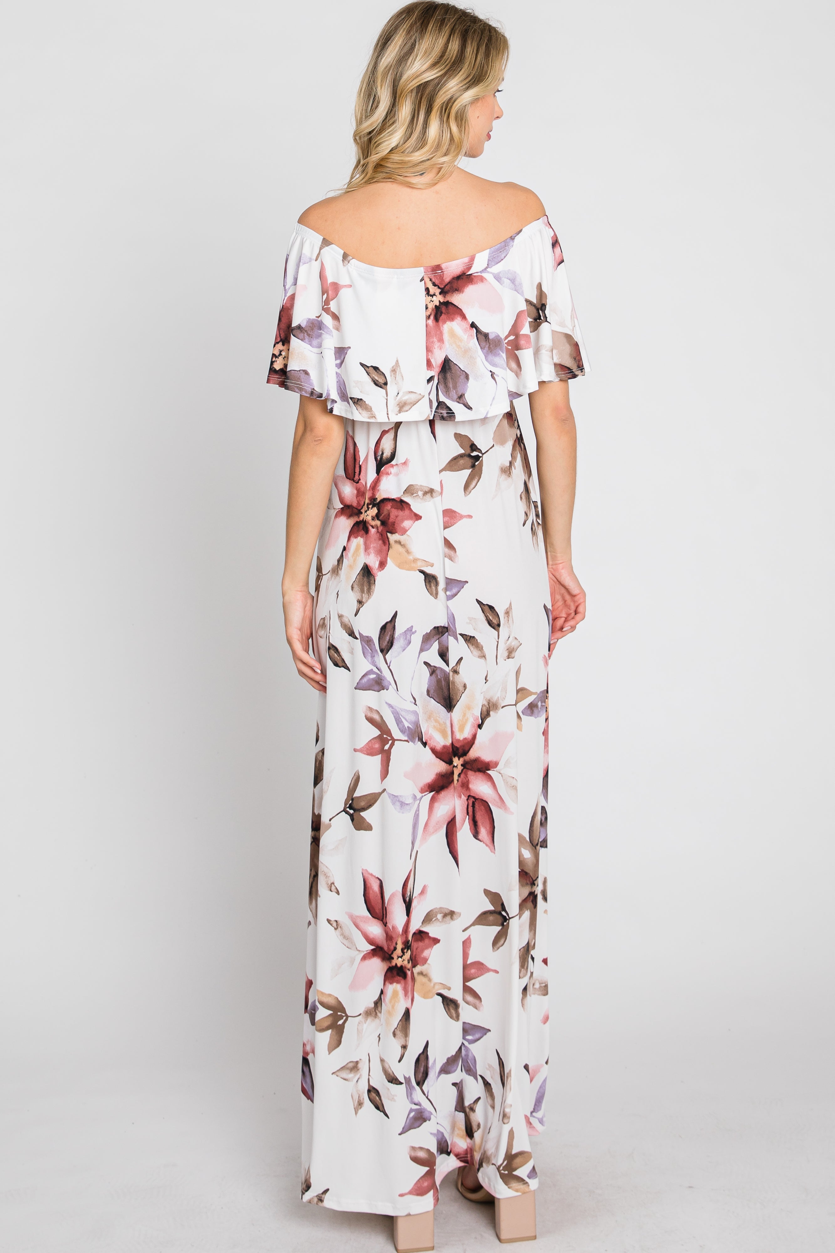 Ivory Floral Off Shoulder Maxi Dress with Ruffle Neckline
