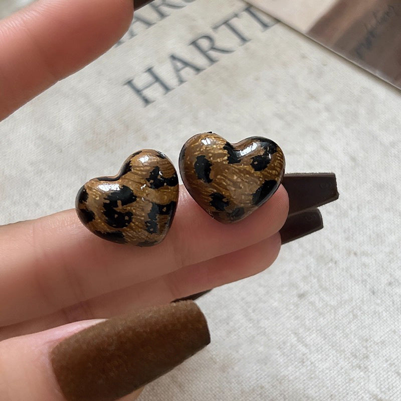 Vintage Leopard Print Heart Stud Earrings For Women, Retro Y2K Sweet Cool Leopard Heart Earrings, Trendy Aesthetic Daily Wear Jewelry Gift