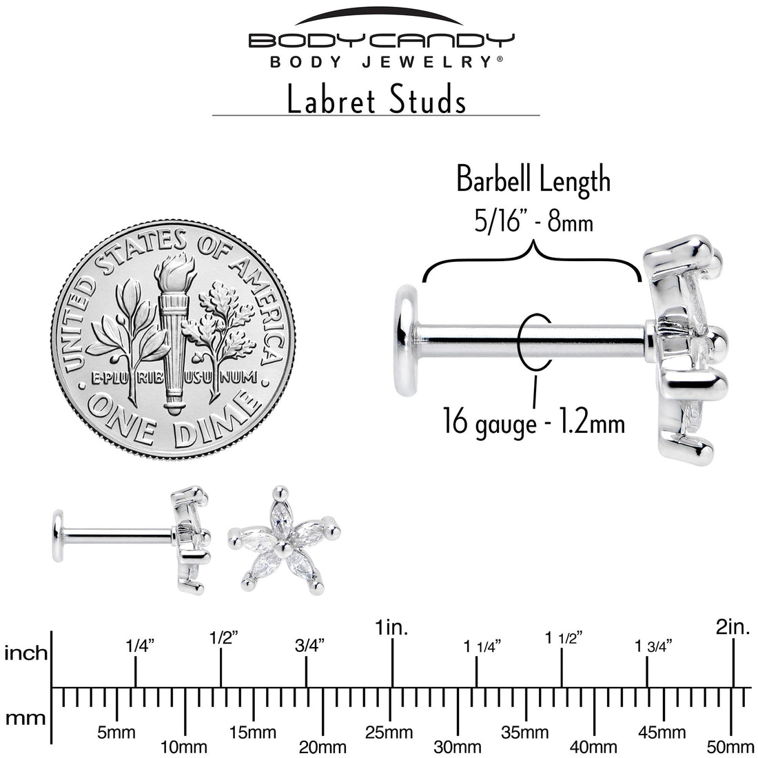 16G 5/16 Clear CZ Gem Flower Fantastic Internally Threaded Labret
