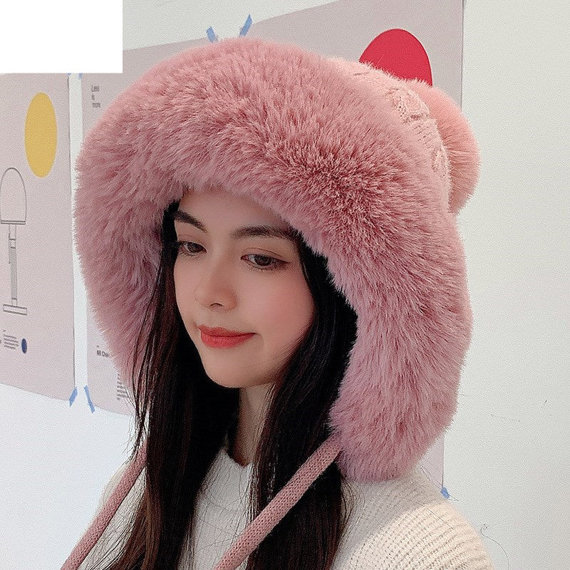 Houndstooth Pom-Pom Knit Beanie with Ear Straps – Warm Plush Winter Hat