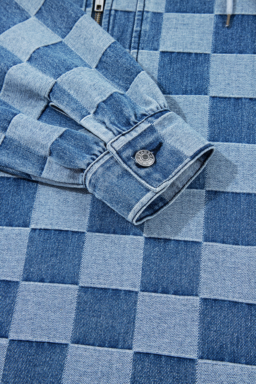 Sky Blue Checkerboard Zipped Collar Denim Hoodie