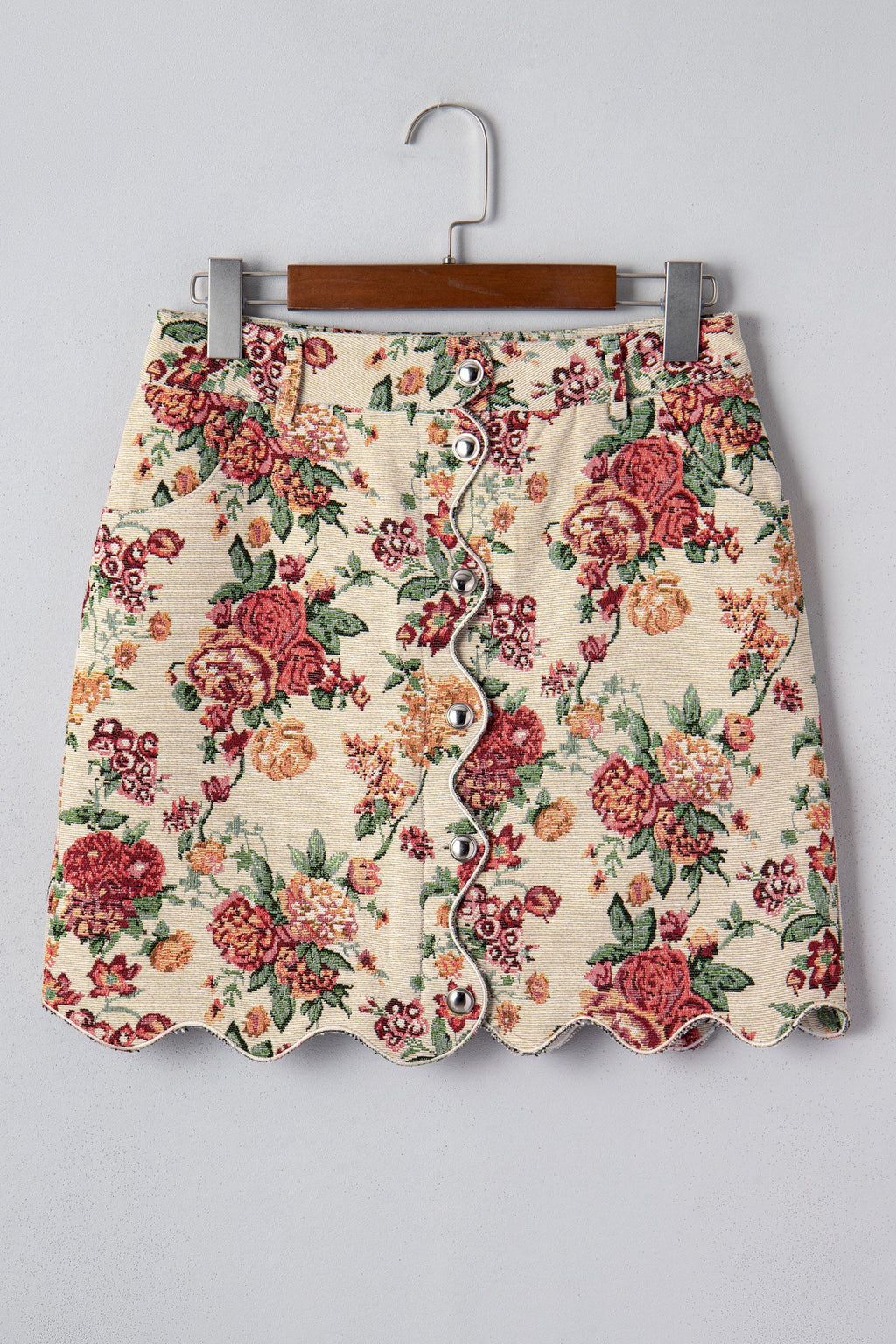 Button Front Scallop Mini Jacquard Floral Skirt