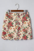 Button Front Scallop Mini Jacquard Floral Skirt