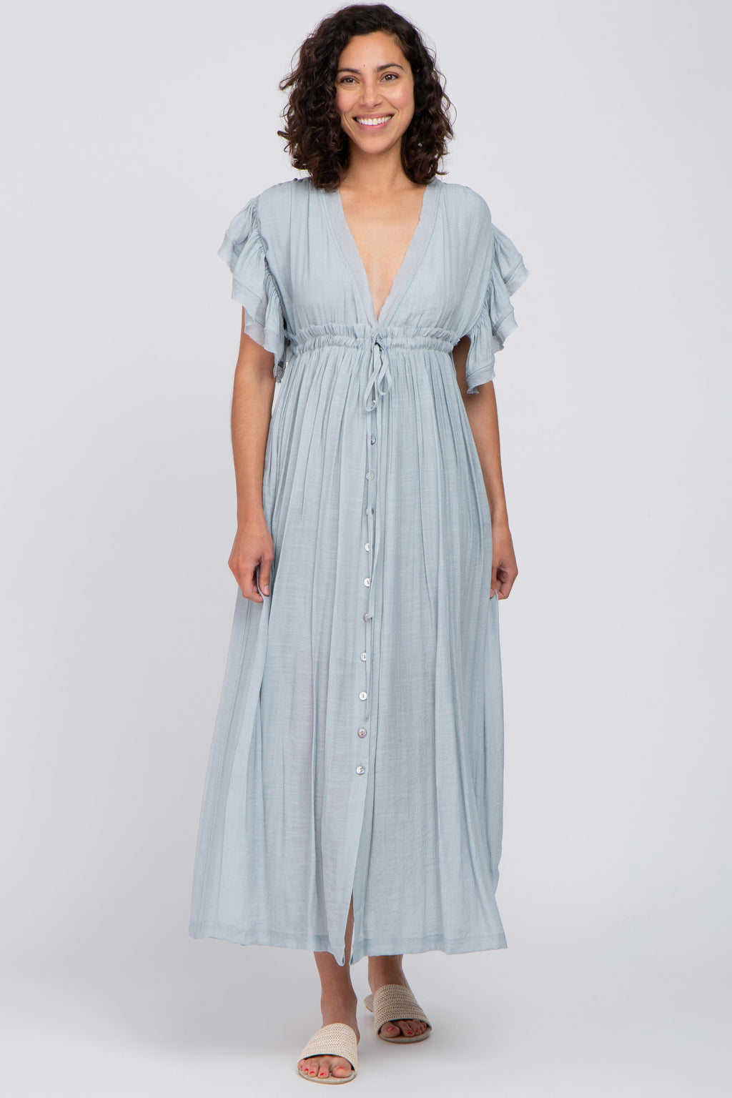 Light Blue Deep V-Neck Button Down Maxi Dress