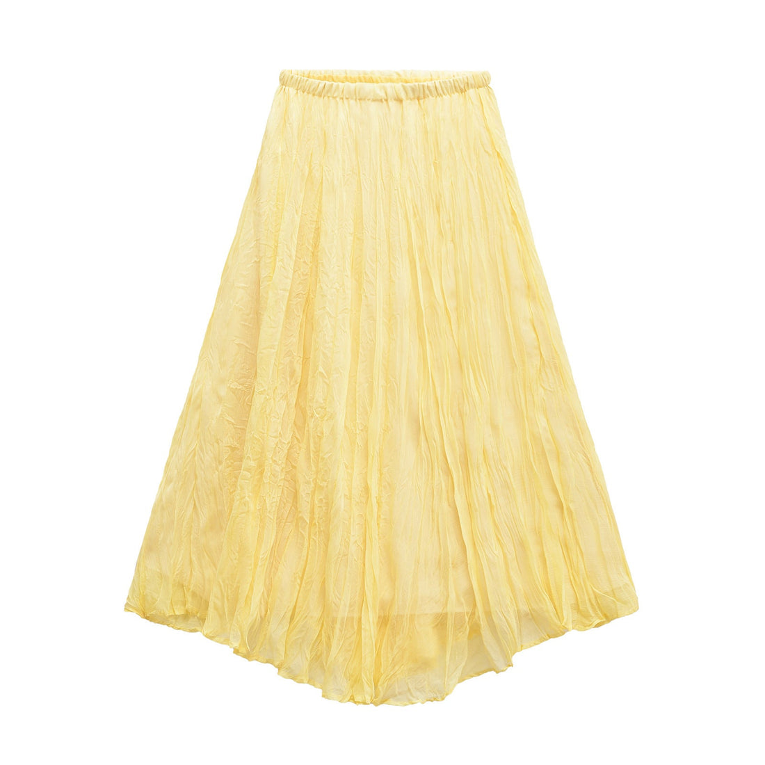 A vibrant yellow pleated maxi skirt with an elastic waistband, styled for a flowing, comfortable look against a white background.