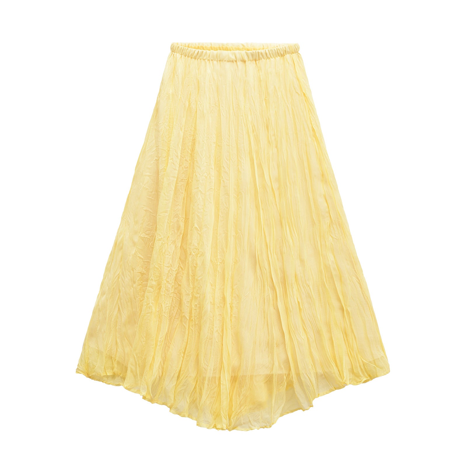 A vibrant yellow pleated maxi skirt with an elastic waistband, styled for a flowing, comfortable look against a white background.