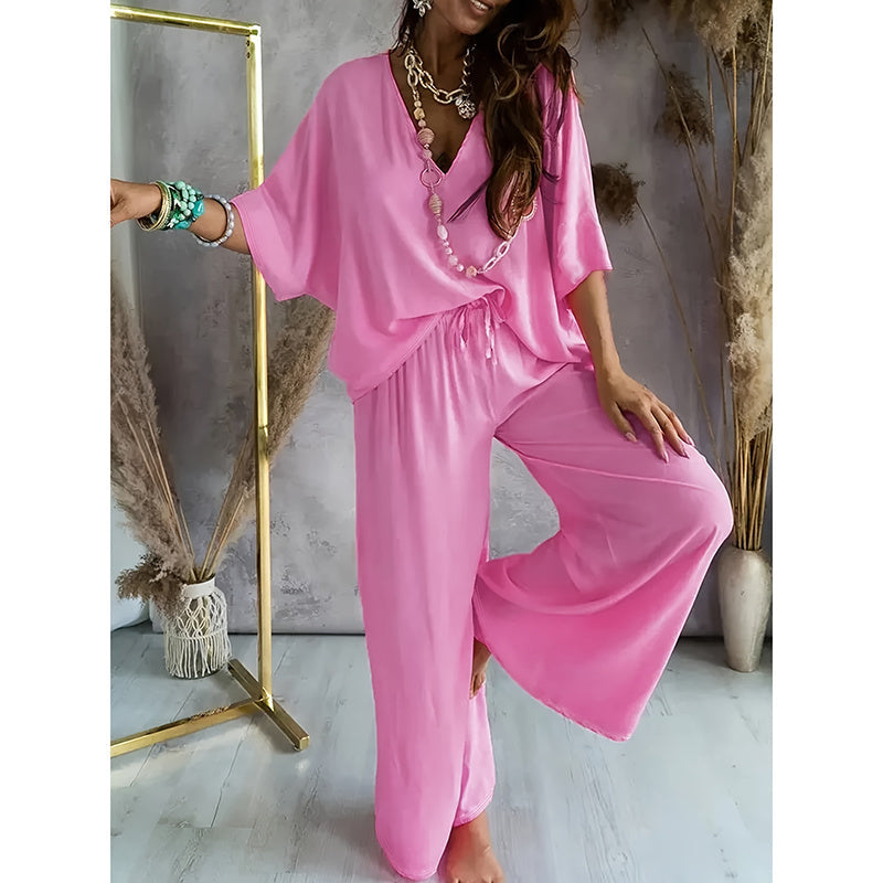 Women’s Two-Piece Lounge Set with Wide Leg Pants in Vibrant Orange - Image 10