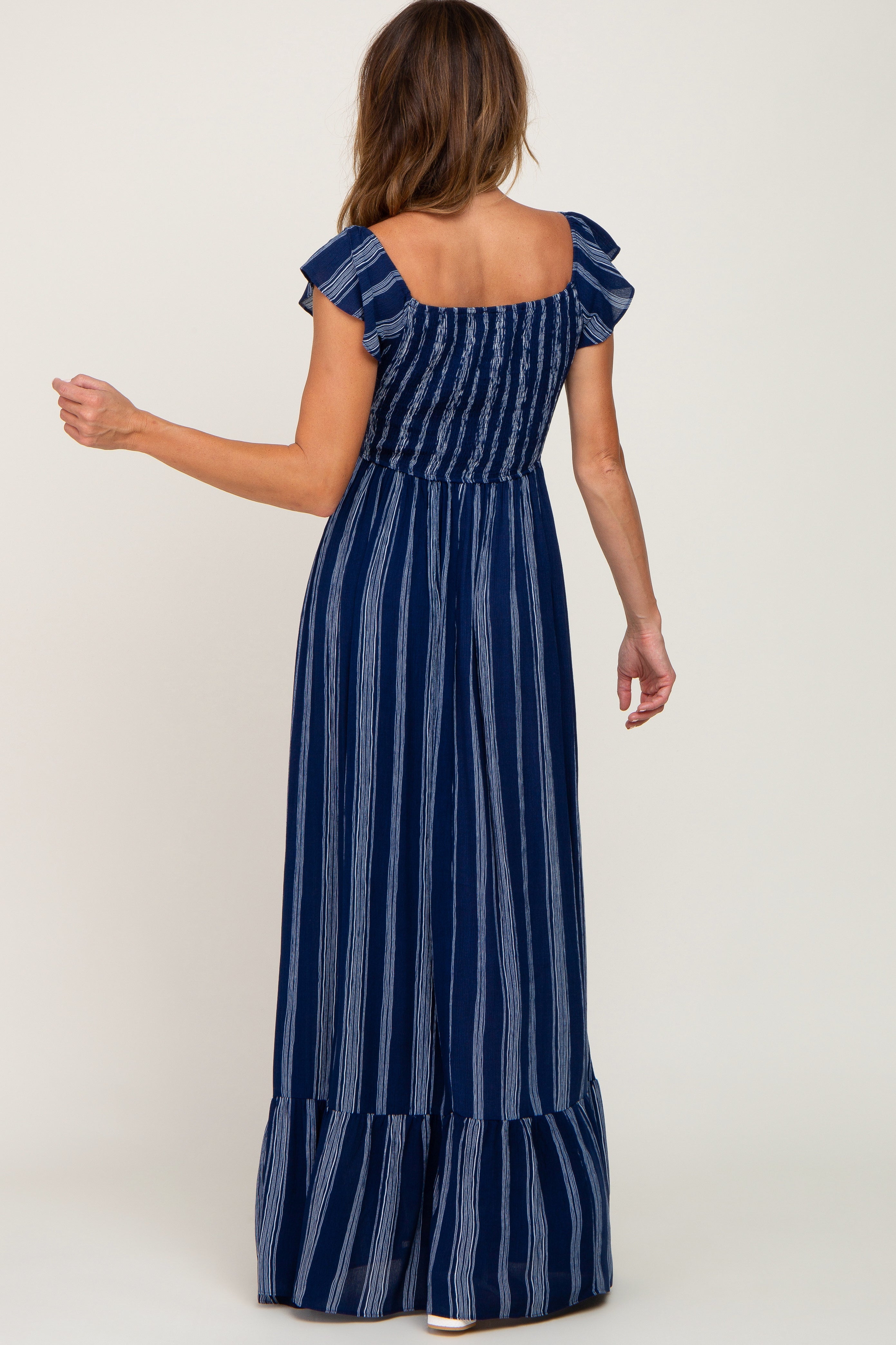 Navy Blue Striped Off Shoulder Front Tie Maxi Dress