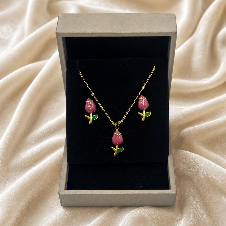 Gold Tone Enamel Tulip Flower Jewelry Set 2Pcs Women Pendant Necklace Stud Earrings Multi Color Floral Bud With Green Leaves Daily Party Dropshipping Gift