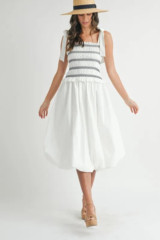 Smocked Bodice Bubble Midi Dress For Women – Stylish Smocked Bodice, Playful Bubble Skirt, Trendy Midi Dress, Chic Casual Look for Summer Outings