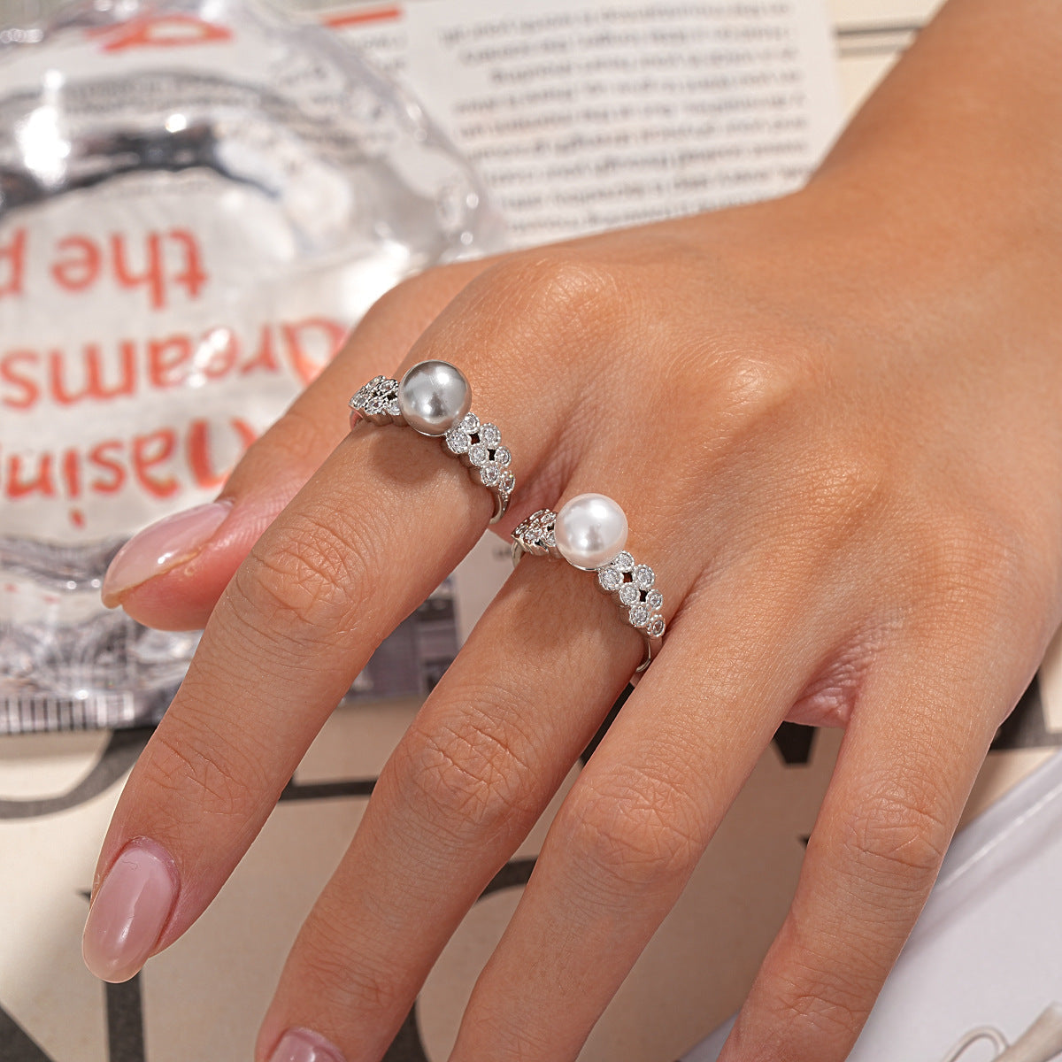 Women Open Adjustable Ring,French Retro Shiny Cubic Zirconia Pearl Inlaid Finger Ring,Niche Delicate Versatile Fashion Index Finger Jewelry