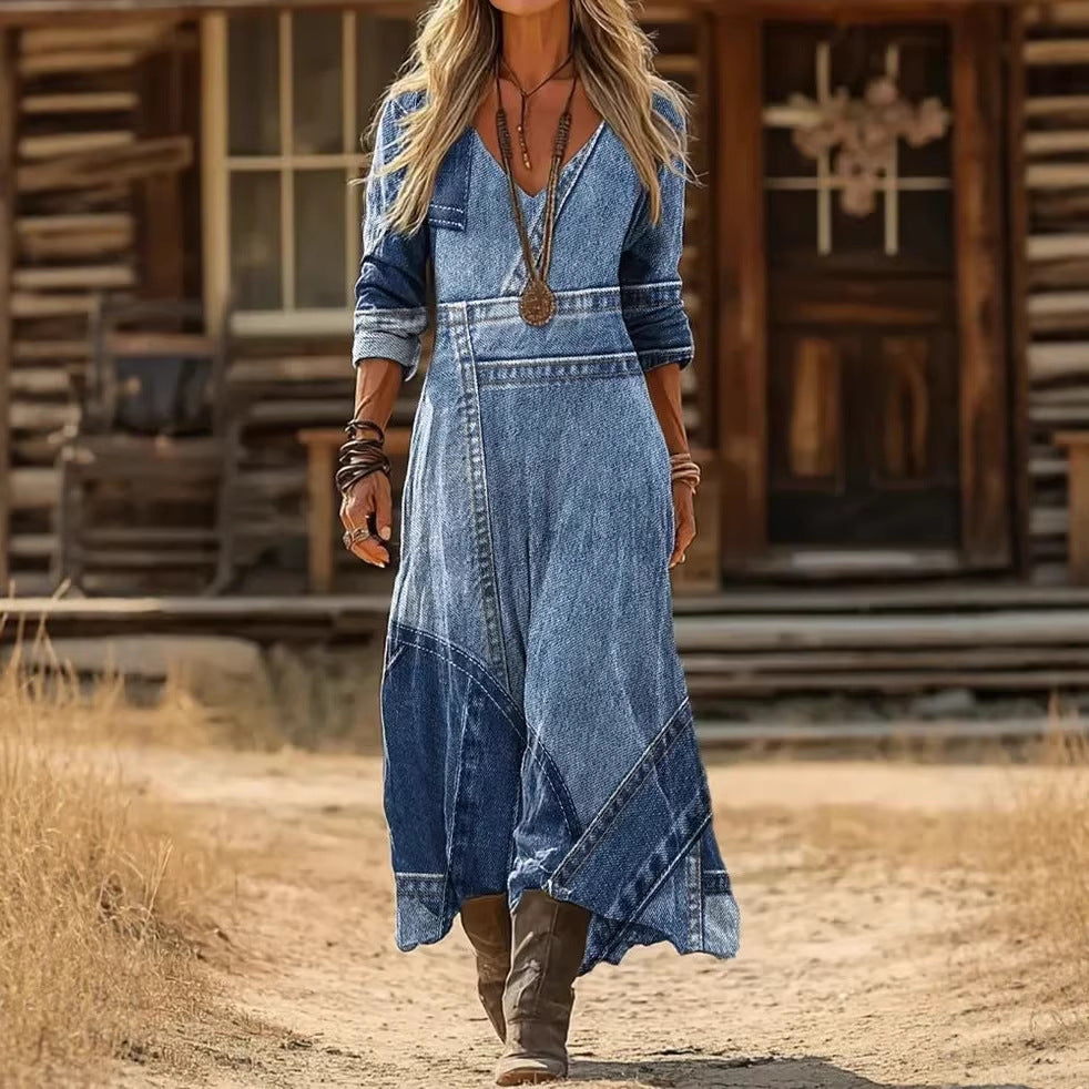 Women's Retro Chic V-Neck Long-Sleeve A-Line Maxi Dress - Image 3