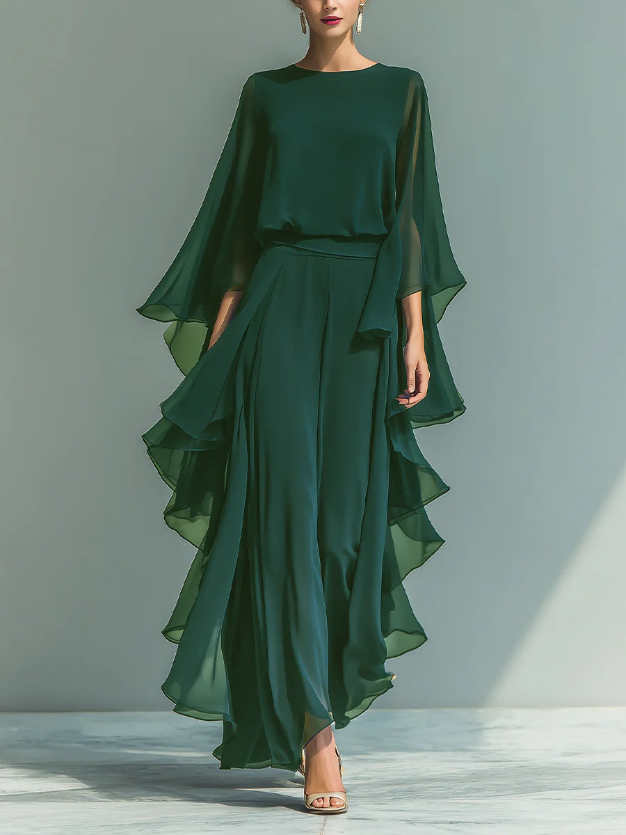 Ruffle Edge Wide-Leg Pants Set - Elegant Two-Piece Outfit