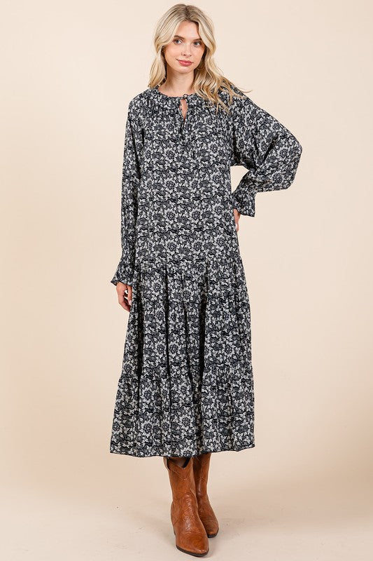 Printed Midi Dress with Tie Neck and Flounce Sleeves