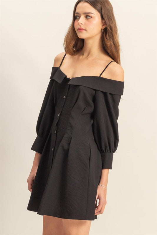 Black Button Down Spaghetti Strap Mini Dress with Pockets