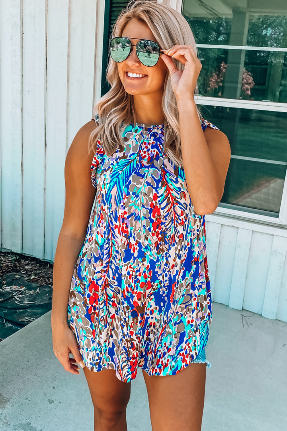 Rosy Boho Abstract Print Ruffle Sleeveless Babydoll Shirt
