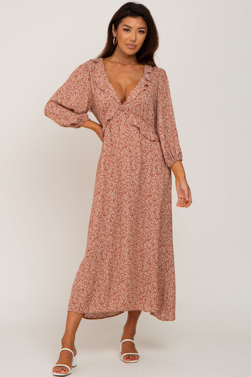 Rust Floral Ruffle V-Neck Maternity Midi Dress