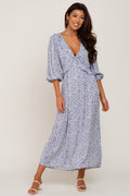 Blue Floral Ruffle V-Neck Midi Dress