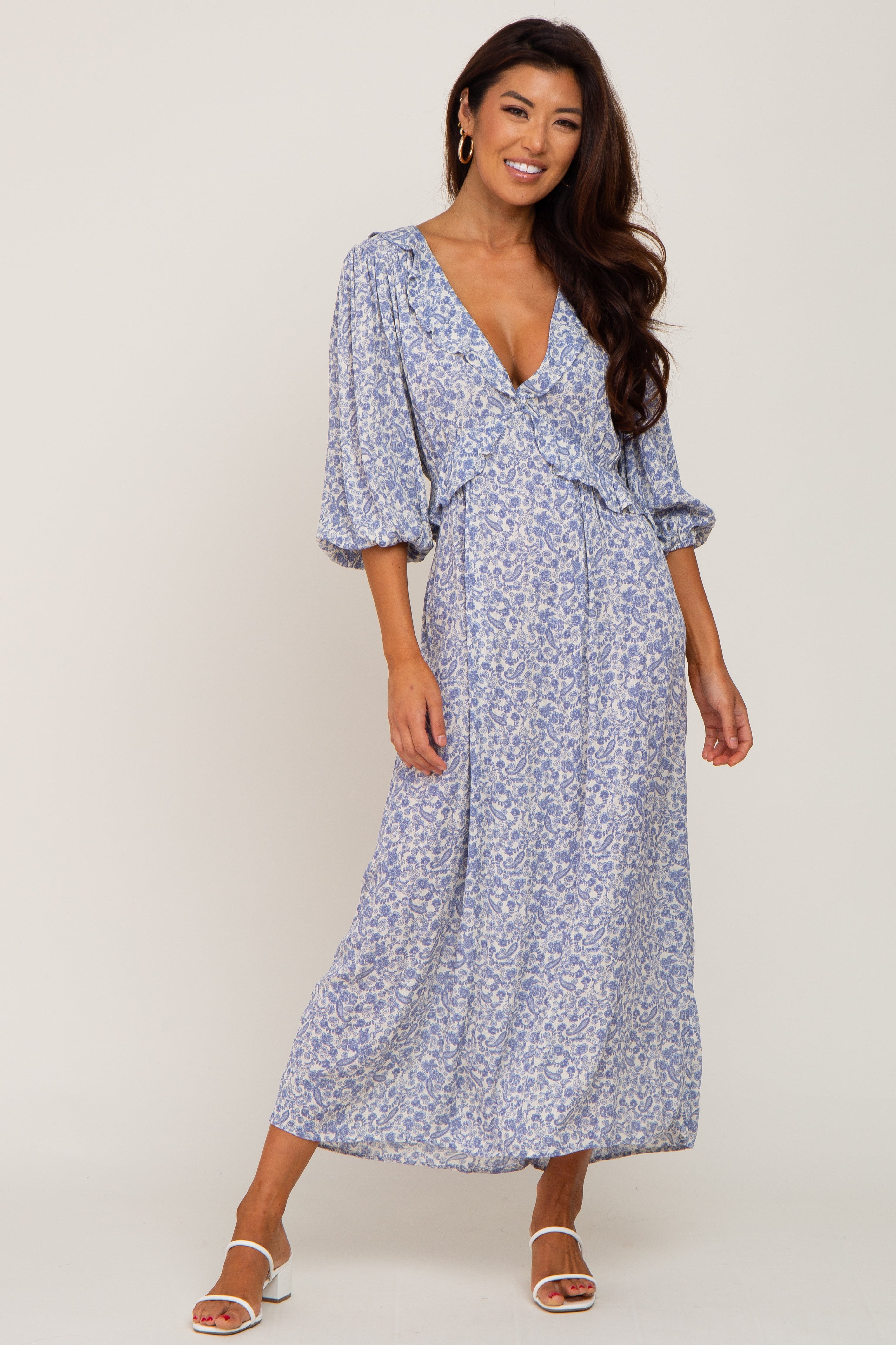 Blue Floral Ruffle V-Neck Midi Dress