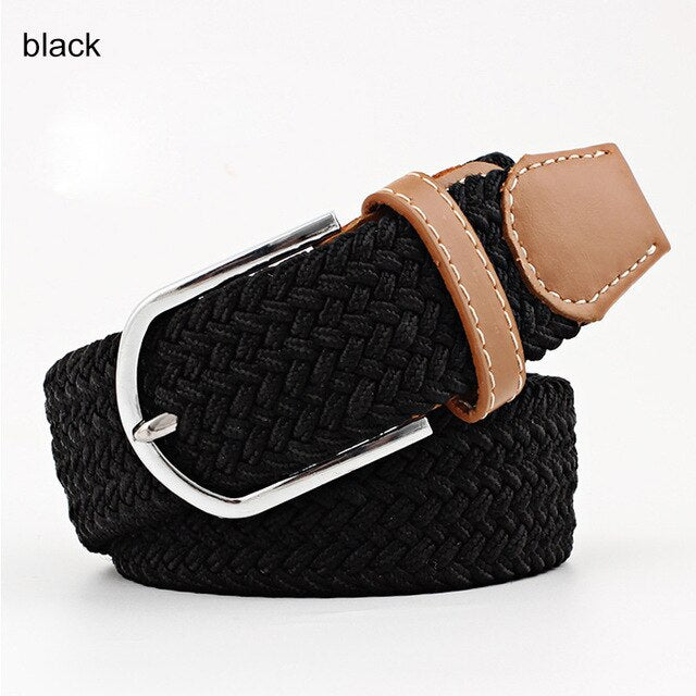 Women's Elastic Woven Belt with Faux Leather Trim & Metal Buckle - Image 8