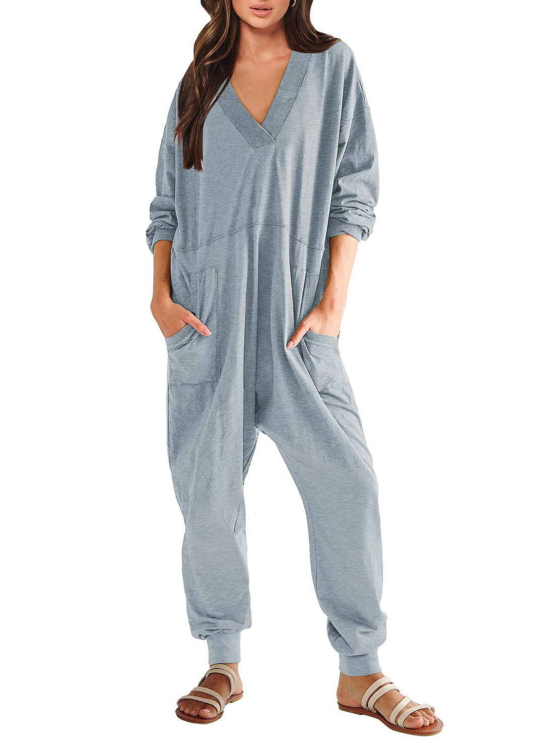 Women’s V-Neck Long Sleeve Solid Color Jumpsuit with Pockets