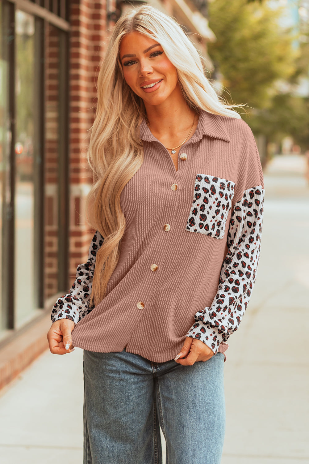 Women's Western Leopard Corded Knit Patchwork Shacket